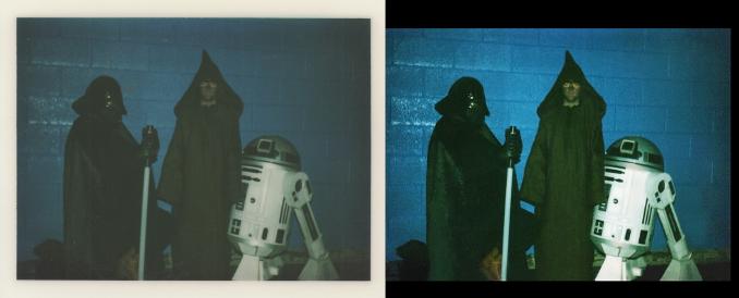 Before and after print photo restoration with R2D2.