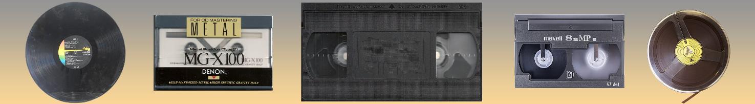 Image of vinyl record, cassette, VHS, 8mm, and reel-to-reel tape